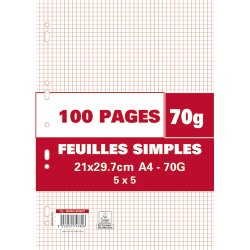 Sachet de 100 pages copies simples grand format A4 petits carreaux 5x5 70g perforées
