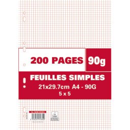 Feuillets mobiles 200 pages A4 petits carreaux 90g perforées