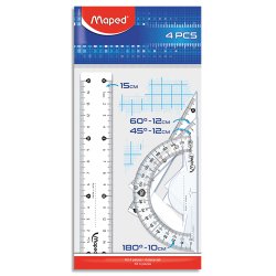 Mini kit 4 pièces : 1 règle 15cm + 1 équerre 60°/12cm + 1 équerre 45°/12cm + 1 rapporteur 180°/10cm