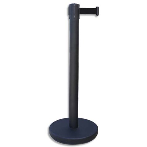 Poteau Noir Reco + sangle Noire rétractable de 2 métres avec frein - Base D32 cm, hauteur 91 cm