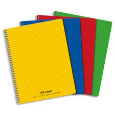 Cahier spirale 17x22cm 100 pages petits carreaux 5x5 90g. Couverture polypro assortie