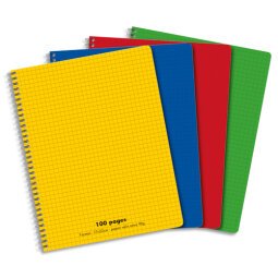 Cahier spirale 17x22cm 100 pages petits carreaux 5x5 90g. Couverture polypro assortie