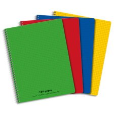 Cahier spirale 17x22cm 180 pages petits carreaux 5x5 90g. Couverture polypro assortie