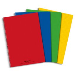 Cahier spirale 21x29,7cm 180 pages petits carreaux 90g. Couverture polypro couleur aléatoire