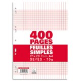 Sachet de 400 pages copies simples grand format A4 grands carreaux Seyès 70g perforées