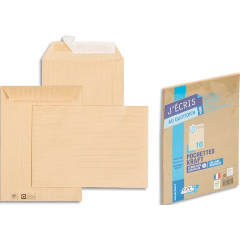 Paquet de 10 pochettes kraft auto-adhésif 85g format C5 162x229mm référence 6630