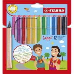 Pochette 12 feutres CAPPI. Capuchon+lacet pour les attacher. Pointe moyenne. Coloris assortis