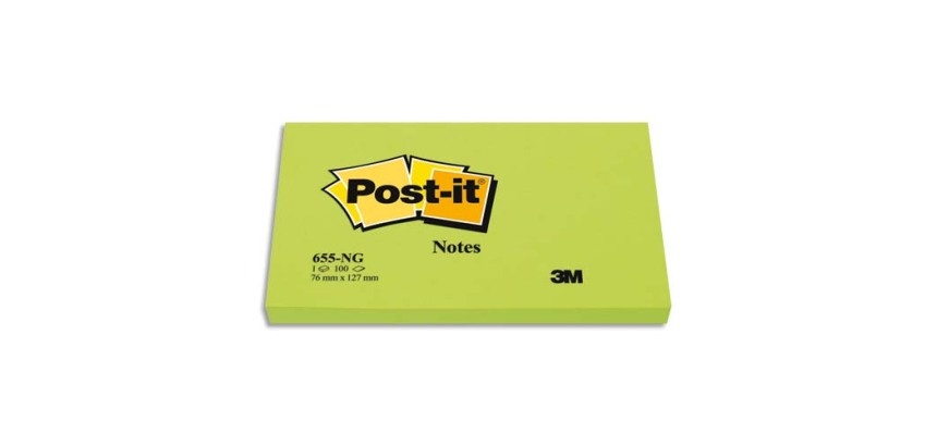 Bloc-notes post-it 655 76x127mm 100f                 repositionnables coloris vert fluo