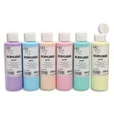 Lot de 6 flacons 250ml d'acrylique. Assortis pastel : Violet, Beige, Jaune, Bleu, Rose, Vert