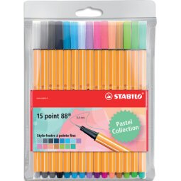 Etui de 15 stylos-feutres Point 88 Pastellove. Pointe fine (0,4 mm). Coloris assortis