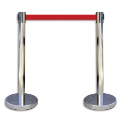 Kit de 2 Poteaux chromés H91 cm avec sangle Rouge rétractable 2 mètres, en polypropylène et inox