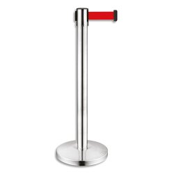 Poteau chromé H91 cm avec sangle Rouge rétractable 2 mètres, en polypropylène et inox