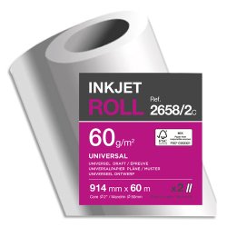 Bobine papier Blanc CIE170 Universel 60g pour traceur 0,914mmx60m. Impression Jet d'encre
