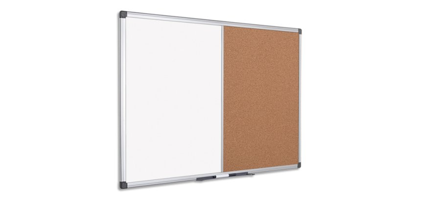 Tableau combiné magnétique Maya de Bi-Office, surfaces en liège et en acier laqué effaçable, cadre en aluminium, 120 x 90 cm