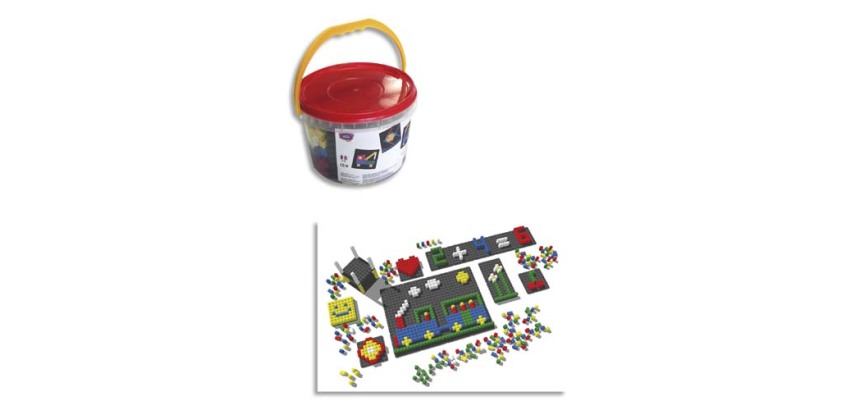 Jeu construction plastique 1 seau contient 12 supports 812 pièces 5 coloris assortis dès 3 ans