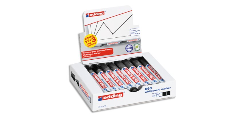 Pack de 17 marqueurs effaçables Edding E-660 pointe ogive 1,5 noir + 3 offerts
