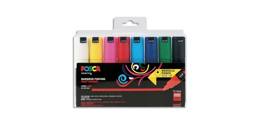 Marqueur posca pc7m gouache encre inodore toutes surfaces pointe large conique coloris 8 unites