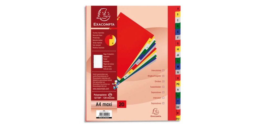 Intercalaire A4+ polypropylène coloré Exacompta 20 onglets alphabétiques - Coloris assortis - 1 jeu