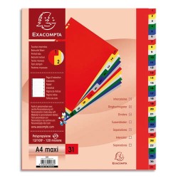 Intercalaires imprimés numériques PP couleurs 12/100e - 31 positions - A4+ - Assorties vives