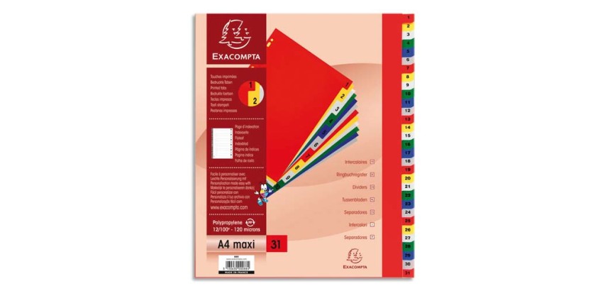 Intercalaires imprimés numériques PP couleurs 12/100e - 31 positions - A4+ - Assorties vives