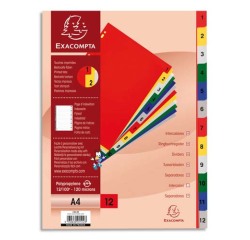 Intercalaires imprimés numériques polypropylène 12/100e - 12 positions - A4 - Assorties vives