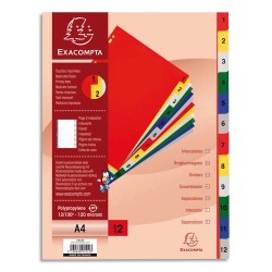 Intercalaires imprimés numériques polypropylène 12/100e - 12 positions - A4 - Assorties vives