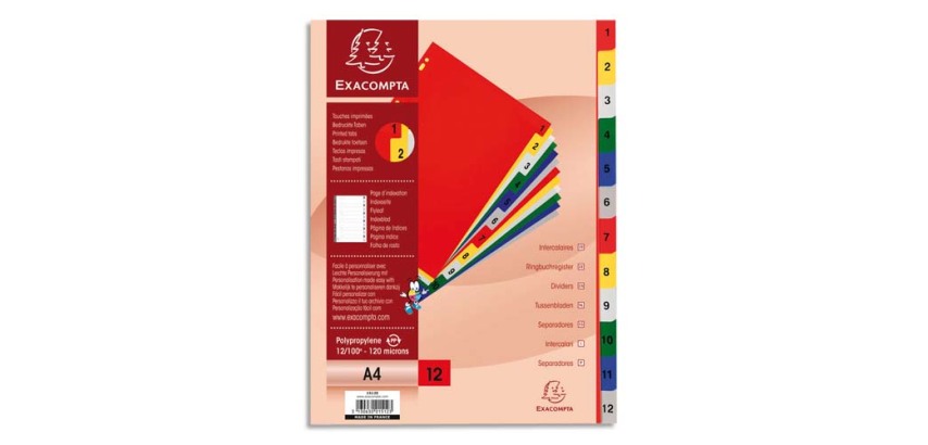 Intercalaires imprimés numériques polypropylène 12/100e - 12 positions - A4 - Assorties vives