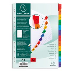 Intercalaire A4 carte blanche 12 onglets numériques - 1 jeu
