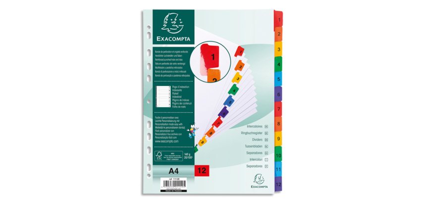Intercalaire A4 carte blanche 12 onglets numériques - 1 jeu
