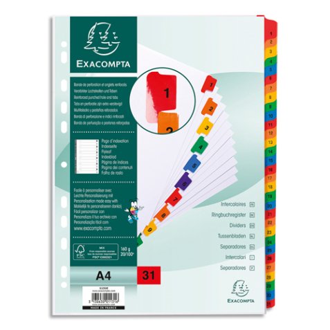 Intercalaire A4 carte bristol blanche Exacompta 31 positions numériques - Coloris assortis - 1 jeu