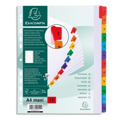 Intercalaire A4+ carte bristol blanche Exacompta 12 onglets numériques - Coloris assortis - 1 jeu