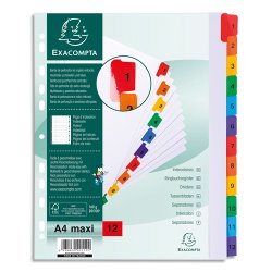 Intercalaire A4+ carte bristol blanche Exacompta 12 onglets numériques - Coloris assortis - 1 jeu