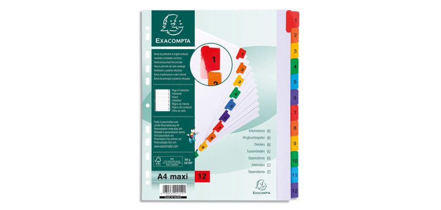 Intercalaire A4+ carte bristol blanche Exacompta 12 onglets numériques - Coloris assortis - 1 jeu