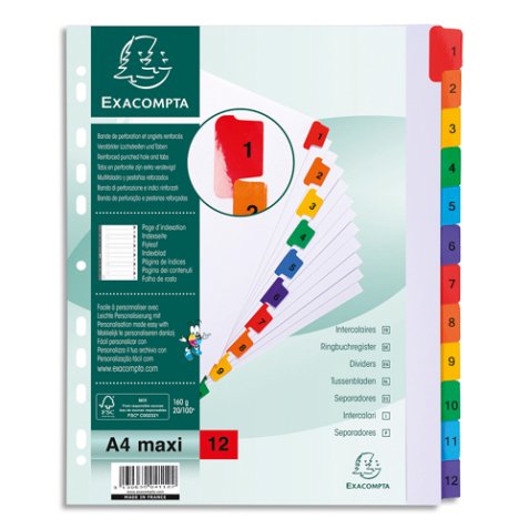 Intercalaire A4+ carte bristol blanche Exacompta 12 onglets numériques - Coloris assortis - 1 jeu