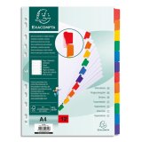 Intercalaires carte blanche 160g avec onglets couleurs renforcés - 12 positions - A4 - Blanc