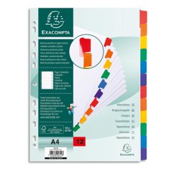 Intercalaires carte blanche 160g avec onglets couleurs renforcés - 12 positions - A4 - Blanc