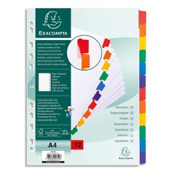 Intercalaires carte blanche 160g avec onglets couleurs renforcés - 12 positions - A4 - Blanc