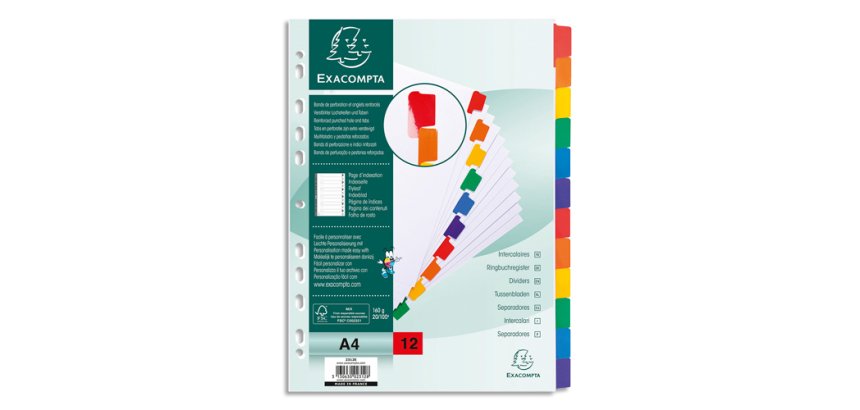 Intercalaires carte blanche 160g avec onglets couleurs renforcés - 12 positions - A4 - Blanc