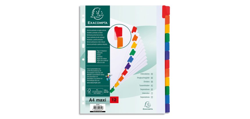 Intercalaires carte blanche 160g - 12 positions - A4+ - Blanc