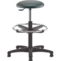 Tabouret grande hauteur vinyle Noir avec repose-pieds en acier chromé sur patins, réglable en hauteur