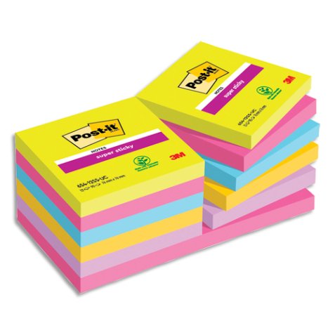 Lot de 12 blocs assortis Super Sticky 76 x 76 mm - bloc de 90 feuilles