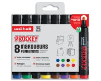 Marqueur uniball uni prockey permanent pointe biseautée tracé 2/5mm encre sans alcool corps plastique pochette 8 unités