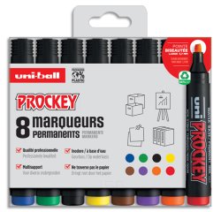 Marqueur uniball uni prockey permanent pointe biseautée tracé 2/5mm encre sans alcool corps plastique pochette 8 unités
