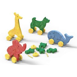 Sachet de 4 Animaux puzzles 3D à assembler sur roues léger, recyclable, à partir de 3 ans