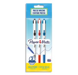 Stylo-bille paper mate 046 rt retractable pointe moyenne    0,7mm sachet 3 unites         assorties noir bleu rouge