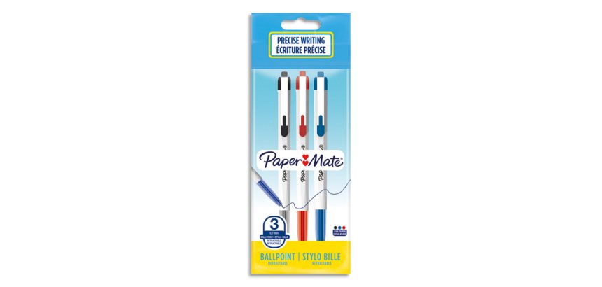 Stylo-bille paper mate 046 rt retractable pointe moyenne    0,7mm sachet 3 unites         assorties noir bleu rouge