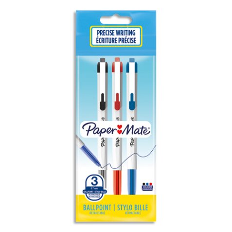 Sachet de 3 stylos bille rétractable 046 pointe moyenne 0,7 mm. Encre Assorties.