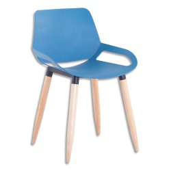 Chaise Civray assise et dossier en polypropylène Bleu, structure assise en acier noir, piètement Bois