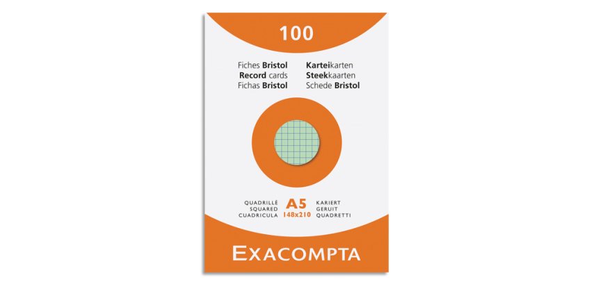 Fiche bristol 148 x 210 mm quadrillée 5 x 5 coloris assortis non perforée Exacompta - Boîte de 100