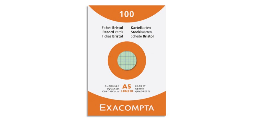Fiche bristol 148 x 210 mm quadrillée 5 x 5 coloris assortis non perforée Exacompta - Boîte de 100